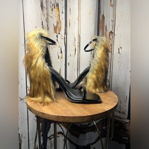Faux Fur Strap Black Heels